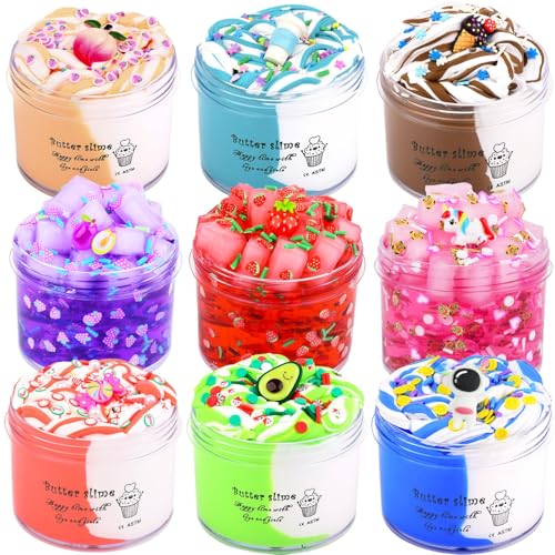 9 Pack Slime Kit, with 3 Jelly Cube Crunchy Slime and 6 Butter Slime, DIY Stress Relief Slime, Soft and Non-Sticky, Birthday Gifts for Kids Girls Boys, Party Favor, Classroom Gifts, Idea Toys