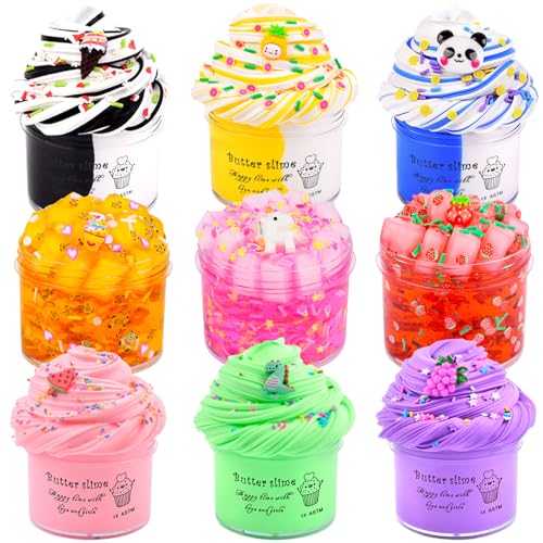 9 Pack Slime Kit, with 3 Jelly Cube Crunchy Slime and 6 Butter Slime, Orange, Blue, Pink Clear Crunchy Slime, Soft & Non-Sticky, for Girls and Boys FamilyToy, Party Favors and School Education