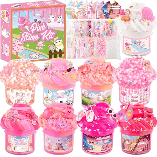 9 Pack Slimes, Pink Slime Kit for Girls Ages 8-12, Butter Cloud Clear Slime Set with Charms, Toys for Kids, Party Favors Goodie Bag Easter Basket Stuffers, Birthday Gifts for 4-10 Year Old Girls Boys