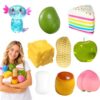 9 Pack Squishy Squeeze Toys Cheese Crunchy Peanut Apple Axolotl Crunchy Butter Peach Cake Mango Soap Slow Rising Squishy Set Stress Ball Glitter Color Changing for Adults Desk Office