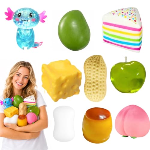 9 Pack Squishy Squeeze Toys Cheese Crunchy Peanut Apple Axolotl Crunchy Butter Peach Cake Mango Soap Slow Rising Squishy Set Stress Ball Glitter Color Changing for Adults Desk Office