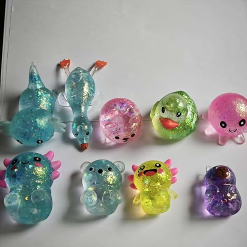 9pcs Sugar Squishies, Stress Relief Squeeze Toys, Slow Rising Fidget Toys, Glitter Axolotl Capybara Duck Sugar Squishy, Sensory Toys for Kids with Autism, Party Favors Gift, Office Desk Decor