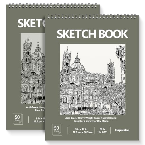 9" x 12" Sketch Book, 2-Pack 50 Sheets Spiral Bound Art Sketchbook, Acid Free Artist Drawing Book Paper, Art Supplies for Kids, Craft Activities, Sketch Paper for Drawing Coloring Sketching(Green)