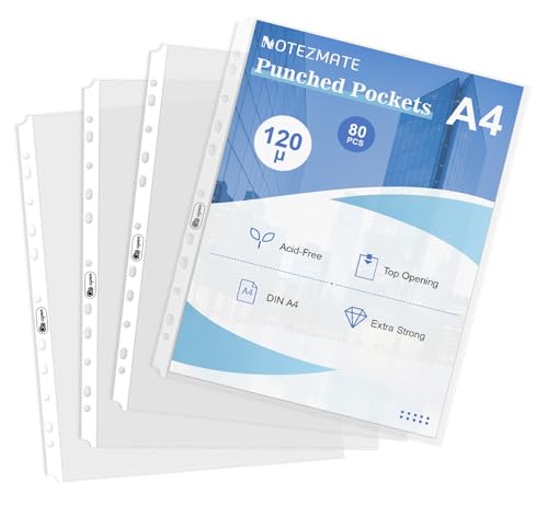 A4 Clear Sheet Protectors 11.81x 8.46in,80 Punched Pocket with Sticky Tabs,120 Micron Heavy Duty Binder Sleeves 11-Hole Plastic Page Protectors Sheet Top Loaded for 2/3/4 Ring Binder Fits A4 Paper