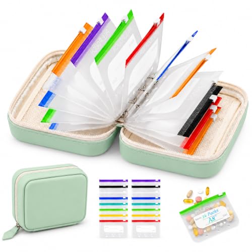 A8 Waterproof Pill Organizer Set, Travel Pill Organizer with 14 Color-Coded Reusable Pill Pouches, Waterproof Zipper Case, 14-Day Medicine Organizer for Travel, Compact Pill Pouch Binder (Green)
