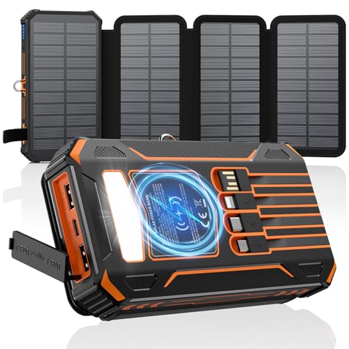 A ADDTOP Solar Charger Power Bank 20000mAh Built-in 4 Cables, Wireless Portable Charger with 4 Solar Panels and 3 USB Ports, PD QC 3.0 Fast Charging Battery Pack for Cell Phone, Tablets(Orange)