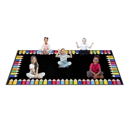ABCarpet Large Black Classroom Rug 7'6"x13'1" - Washable & Stain Resistant, Colorful Pencil Pattern Educational Carpet for Kindergarten, Preschool, Daycare, Non-Slip Backing, Seats 24 Students