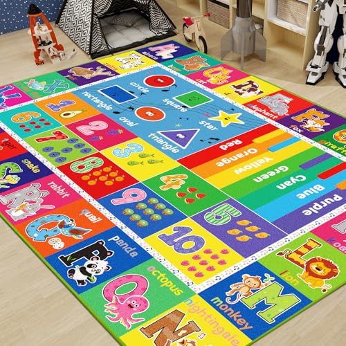 ABC Kids Rug for Playroom, Educational Play Mat for Kids, Preschool Rugs with ABC, Numbers, Animals Learning Rugs Carpet for Bedroom Playroom Classroom Children (Blue, 59X39.4 INCH)