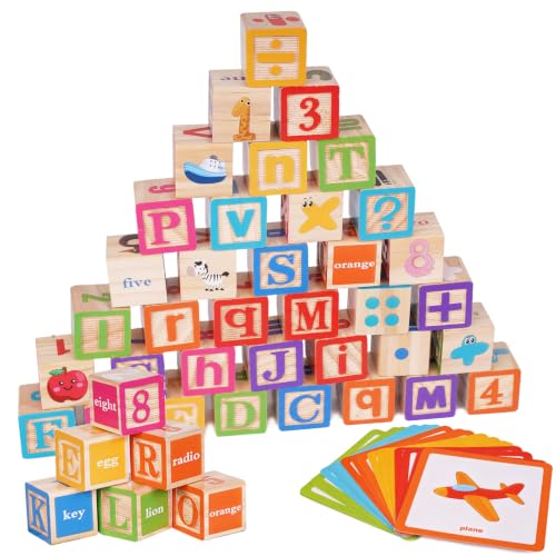 ABC Wooden Building Blocks for Toddlers, Montessori Alphabet & Number Learning Toy for Kid, 36 PCS Preschool Stacking Blocks with Matching Cards for Spelling, Counting, Sorting, Fine Motor Skills