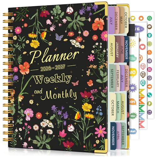Academic Planner 2026-2027, 18 Months Weekly and Monthly Calendar Planner from July 2026 - December 2027, 7.3" x 10" B5 Large Hardcover Agenda Organizer Book with Tabs, Yearly Daily Planners for School Work Student Teacher, Black Garden