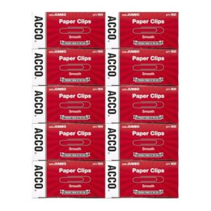 ACCO Brands Paper Clips, Jumbo, Smooth, Economy, 10 Boxes, 100/Box (72580)