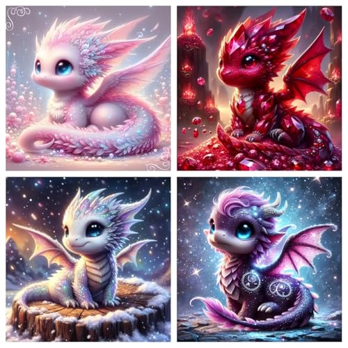 Acelii 4PCS 5D Diamond Art Kits for Adults Beginners,Dragon DIY Full Round Drill Diamond Painting Kits, Paint by Diamonds Dots Gem Art Easy,Home Wall Decor 12X12 Inch