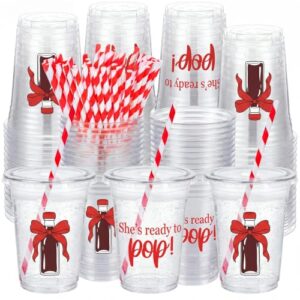Acellegic 50 Sets She's Ready to Pop Plastic Cup with Straw Coquette Red Soda Baby Shower Decoration Supplies Disposable 16 oz Thick Clear Cup Lids Red and White Striped Straws for Table Party Favors