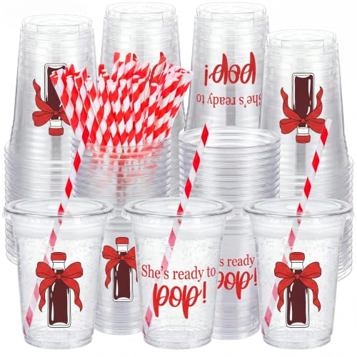 Acellegic 50 Sets She's Ready to Pop Plastic Cup with Straw Coquette Red Soda Baby Shower Decoration Supplies Disposable 16 oz Thick Clear Cup Lids Red and White Striped Straws for Table Party Favors