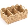 Acellegic Scalloped Edge Wicker Basket Divided Storage Hand Woven Rattan Basket Tray for Bathroom Bedroom Kitchen Shelves Office Decor Organization(3 Compartments,Natural,Water Hyacinth)