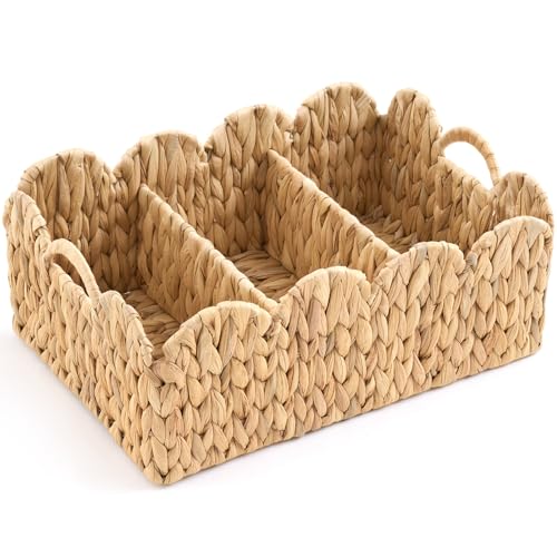 Acellegic Scalloped Edge Wicker Basket Divided Storage Hand Woven Rattan Basket Tray for Bathroom Bedroom Kitchen Shelves Office Decor Organization(3 Compartments,Natural,Water Hyacinth)
