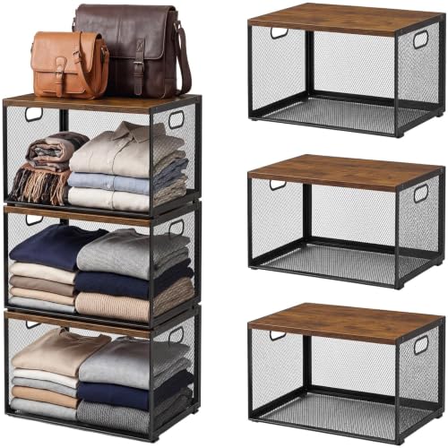 AceOrbit 3 Pcs Widened Stackable Closet Organizers and Storage with Wood Foldable Top Metal Cube Closet Shelf DIY Space Saving Linen Cloth Shoe Bed Sheet Bin for Wardrobe Bedroom(15.6"x12"x8.7", deep)