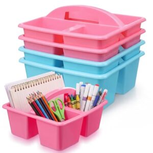 AceOrbit 4 Pack Pastel Classroom Caddy with Handle 9x9x5 Inch Pink Blue Plastic Classroom Desk Caddy Organizer with 3 Compartments for Pencil Crayon Marker Storage, Home Teacher Office School Supply