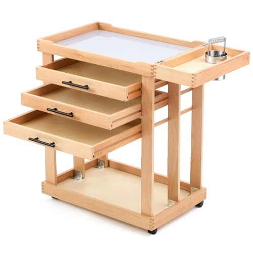 AceOrbit Art Supplies Storage Cart on Wheels 5 Tier Solid Beech Wood Cart with 3 Drawers Craft Organizer on 4 Wheels Brush Holder Detachable Tray for Studio, Classroom, Home, Office