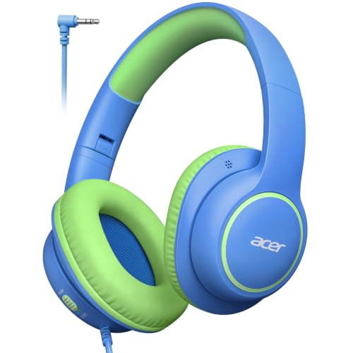 Acer Kids Headphones Wired for School - Over Ear Design, 85/94dB Safe Volume Limit, 3.5mm Jack Foldable Headphones for Toddler Boys Girls Classroom Yoto Player Chromebook Travel (Blue Green)