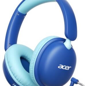 Acer Kids Headphones with Cord for School，74/85dB Volume Limit, Over Ear Headphones for Kids Toddler Girls Boys, Foldable 3.5mm Jack Wired Headphone for Tablet/Computer/Travel/Chromebook, Blue Cyan