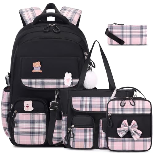 ACESAK Girls Backpack - 4PCS Backpack for Girls with Tote Bag Cute School Backpacks for Kindergarten Elementary Preschool Middle Kids School Bags with Lunch Box Pencil Case Set(Black)