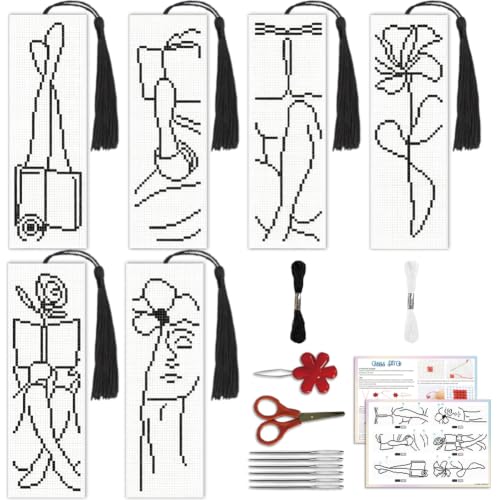 ACRNIGHEET 6PCS Cross Stitch Bookmark Kit for Beginner Stamped Cross Stitch Kits for Adults Abstract DIY Tassel Embroidery Bookmark Kits Needlepoint Kit with Instructions Craft Gift 8.5''x3'' 11CT