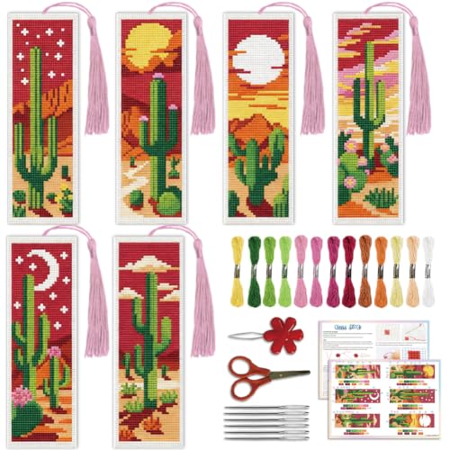 ACRNIGHEET 6PCS Cross Stitch Bookmark Kit for Beginner Stamped Cross Stitch Kits for Adults Cactus DIY Tassel Embroidery Bookmark Kits Needlepoint Kit with Instructions Craft Gift 8.5''x3'' 11CT