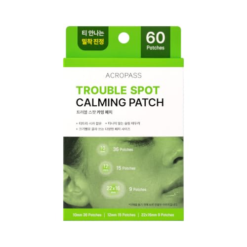 ACROPASS Trouble Spot Calming Patch, Ultra Slim Hydrocolloid Acne Pimple Patch with Tea Tree, CICA & Salicylic Acid, Invisible Matte Finish, 3 Sizes (10mm, 12mm, 22×16mm) (60 Count)