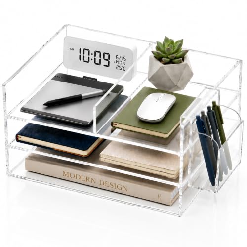 ACRYLATO 3-Tier Paper Tray Organizer with Pen Holder - Stackable Acrylic Desk Organizer - Clear Paper Sorter & Letter Tray - Durable Space Saving Storage for Documents and Folders