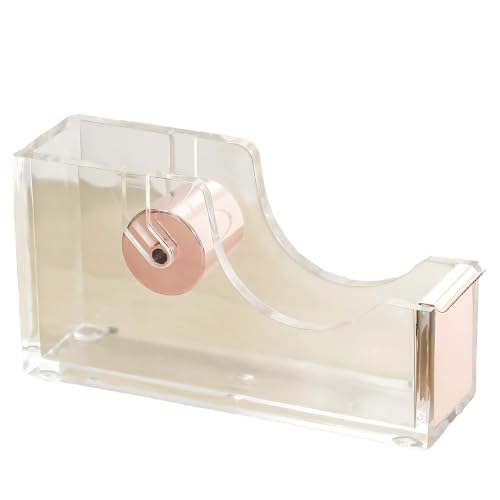 Acrylic Tape Dispenser, Transparent Streamlined Design, Rose Gold Spool, Clear Acrylic Body, Desk Tape Dispenser for Office and Home Desktop, Office Supply for Workspaces and Everyday Use