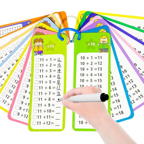 Addition Flash Cards 0-12, Math Flashcard Set, 15PCS Addition Table Flash Cards Chart with 2 Dry Erase Markers 1 Ring, 1st, 2nd, 3rd Grades Educational Math for Classroom Home (Addition)