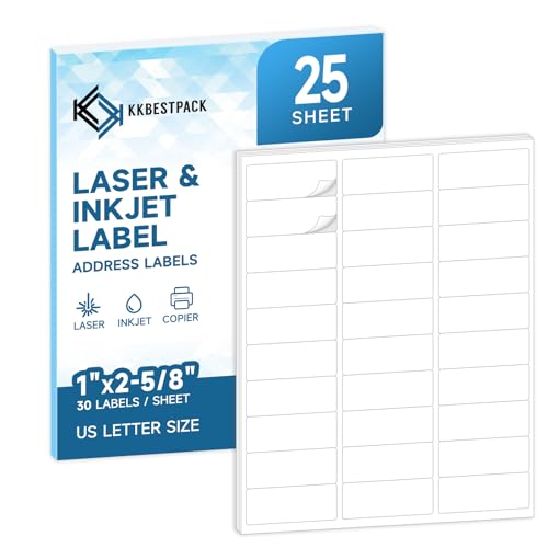 Address Labels for Printer 750 Labels - 1" x 2-5/8", Mailing, Storage & Pantry Organization, Laser/Inkjet Compatible, 30 Per Page, 25 Sheets