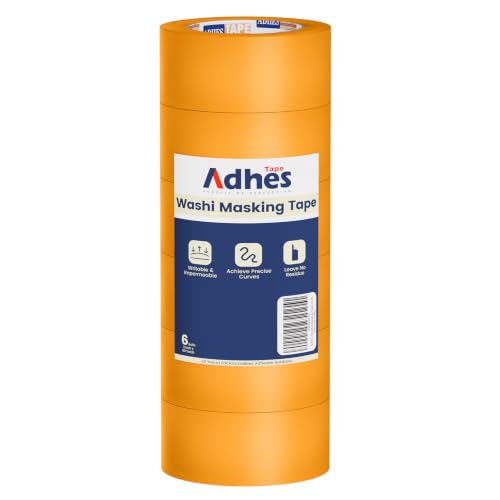 ADHES Orange Washi Masking Tape, 15-21 Day UV Resistant Painters Tape, 2in x 60yds x 6 Rolls, Easy Tear, No Residue, Paint Masking Tape for Walls, Furniture, DIY & Craft Projects