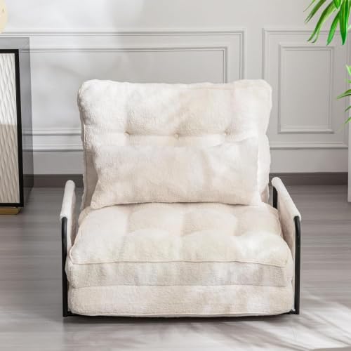 Adjustable Floor Sofa Couch with Pillow, 5-Position Boucle Bean Bag Bed, Convertible Lazy Sofa Sleeper Bed with Armrest, Versatile Floor Seating Sofa for Living Room Guest Room, Beige, Single