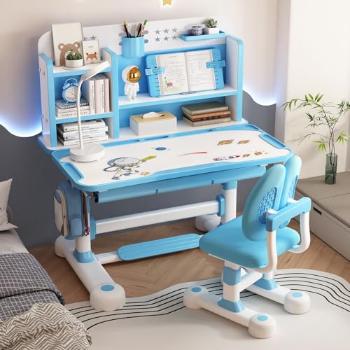 Adjustable Kids Desk and Chair Set with Storage, Ergonomic Study Desk for Kids Ages 3-18, 80cm Homework Desk with Tilting Desktop, Growing Learning Table for Homeschool, Reading & Drawing, Blue