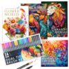 Adult Coloring Book for Adults Relaxation, Stress Relief Coloring Book with 24 Dual Tip Markers, Relaxing Gifts for Women with 128 Patterns Include Animals Flowers Plant Birds Nature Style (4 Pack)