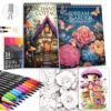 Adult Coloring Book for Women Relaxation, Spiral Bound Mindfulness Coloring Book with 24 Colors Markers for Adult, Anxiety Relief Gifts with 48 Pictures (Garden & Magic House)