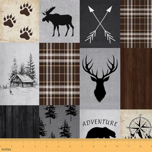 Adventure Themed Fabric by The Yard Antlers Deer Wild Animal Bear Fabric for Kids Sewing Lovers Paw Print Retro Grid Rustic Farmhouse Fabric DIY Soft Flannel Polyester No Stretch 2 Yards,72" L x 59" W