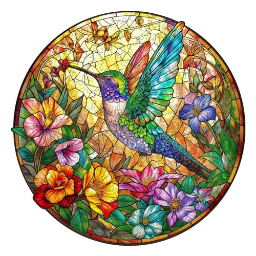 Aeekdook Wooden Puzzle for Adults, Stained Glass Hummingbird Puzzle, Unique Animal Shape Puzzles, Wooden Jigsaw Puzzles for Adults, Thanksgiving for Family Friend (M-11.4 * 11.4in - 200psc)