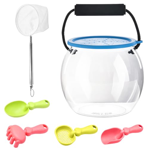 Aerbee Beach Exploration Kit, Catch & Release Aquarium Fish Tank with Net, 4PCS Mini Sand Shovels & Clear Critter Keeper, Clear Aquatic Pets Tank, Fun Beach Tools for Beginner (Beach, River Set)