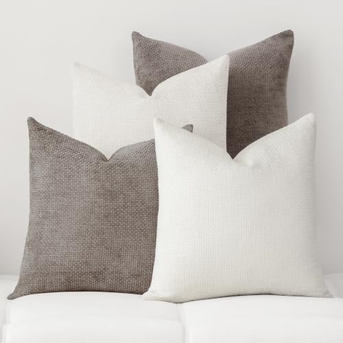 Aesphrates Couch Throw Pillow Covers 18x18 Inch Pack of 4 Neutral Light Brown Soft Decorative Chenille Pillow Covers Farmhouse Boho Cushion Covers for Home Decor Sofa Bedroom Living Room