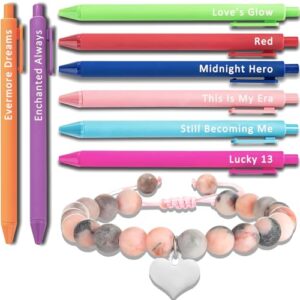 Aesthetic Music Inspired Gel Pens Set with Pink Stone Heart Bracelet, 8Pcs Retractable Black Ink Pens with Refills, Back to School Stationery Gift, Taylor Fan Merchandise for Teen Girls Women