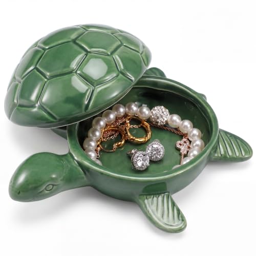 Afarnook Sea Turtle Ceramic Jewelry Box with Lid Cute Turtle Trinket Dish Tray Organizer Ring Holder Storage Box for Rings Earrings Necklaces Coastal Ocean Decor Sea Lover Gifts for Women