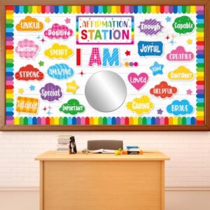 Affirmation Station Bulletin Board Set with 11in Mirror Motivational Posters Classroom Mirror Growth Mindset Decor I Am Positive Affirmation Accent Cutout for School Home Teacher Wall Supply(Colorful)