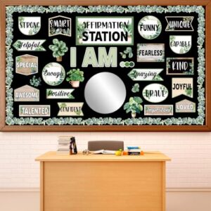 Affirmation Station Bulletin Board Set with 11in Mirror Motivational Posters Classroom Mirror Growth Mindset Decor I Am Positive Affirmation Accent Cutout for School Home Teacher Wall Supply(Greenery)
