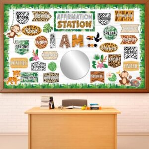 Affirmation Station Bulletin Board Set with 11in Mirror Motivational Posters Classroom Mirror Growth Mindset Decor I Am Positive Affirmation Accent Cutout for School Home Teacher Wall Supply(Jungle)