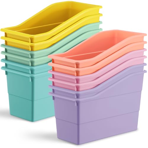 Affrolling 12 Packs Book Bins for Classroom Plastic Book Binder Holders Vertical Organizer Baskets Storage Boxes for Classroom Library Home Office Organization Stationery Supplies (Pastel Colors)