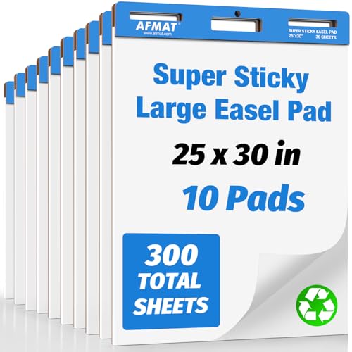 AFMAT Sticky Easel Pads, 25 in x 30 in Chart Paper for Teachers, Ink Bleed-Through Resistant Flip Chart Paper for Office/Classroom/Whiteboard/Wall, Large Self Stick Easel Paper, 30 Sheets/Pad, 10 Pads
