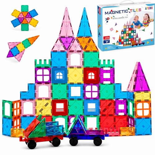 AFUNX Magnetic Tiles,102PCS Magnetic Building Blocks 3D Clear Construction Playboards, Inspiration, Creativity Beyond Imagination, Educational Magnet Toy Set for Kids with 2 Cars